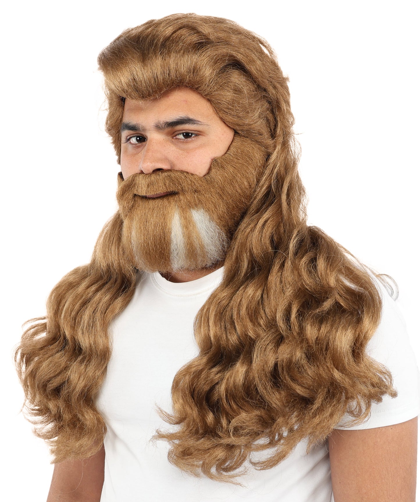 HPO Men’s Long Wavy Brown & White Mixed Wig Beard & Mustache Set – Royal Hairpiece with Adjustable Cap | Ideal for Historical Reenactment, Stage & Cosplay