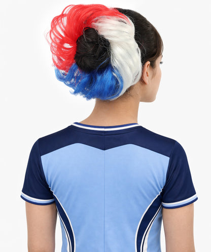 HPO Women's Patriotic Flag Hair Scrunchie | Multilayered synthetic hair texture with round elastic construction | Ideal for party, Halloween, cosplay, theater, drag, performance, costume events