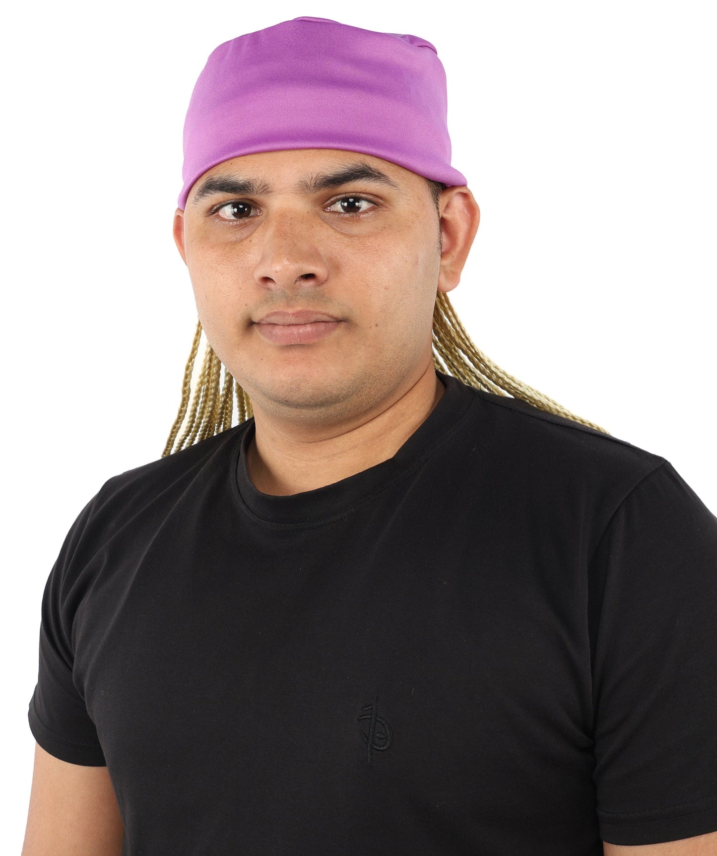 Men’s Movie Character Inspired Black Braided Wig with Purple Head Wrap Hat | Flame-retardant Synthetic Fiber | Ideal Hairpiece for Cosplay & Halloween