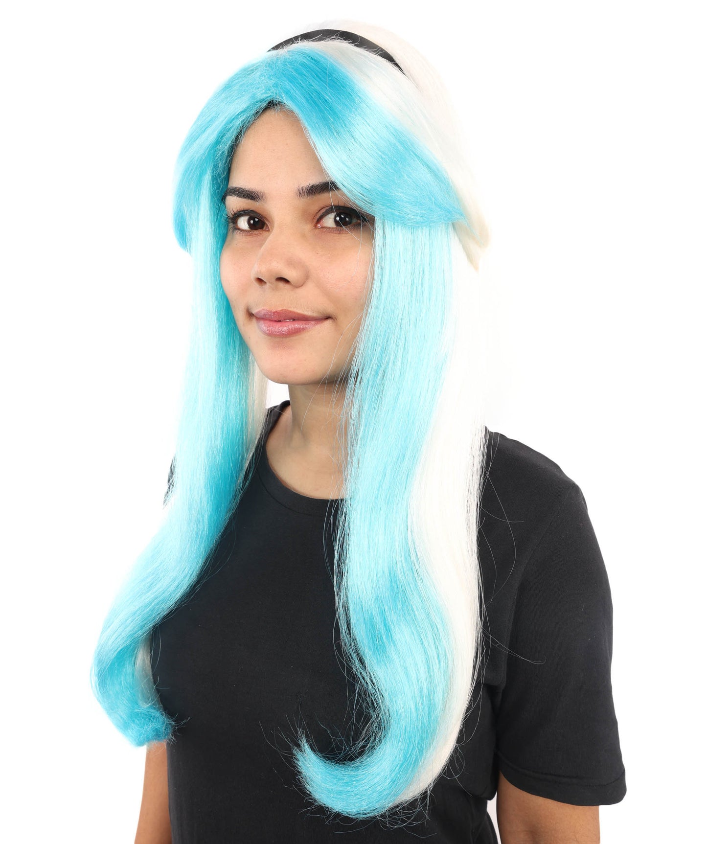 HPO Women's Long Two-Tone Blue and White Fairytale Wig | Twisted Waves with Ribbon Headband | Lightweight Synthetic Wig for Cosplay, Stage & Costume Parties