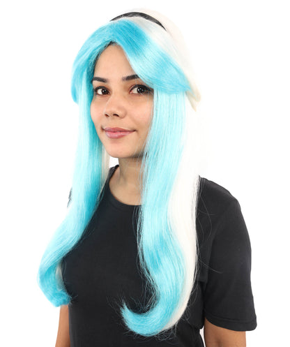 HPO Women's Long Two-Tone Blue and White Fairytale Wig | Twisted Waves with Ribbon Headband | Lightweight Synthetic Wig for Cosplay, Stage & Costume Parties