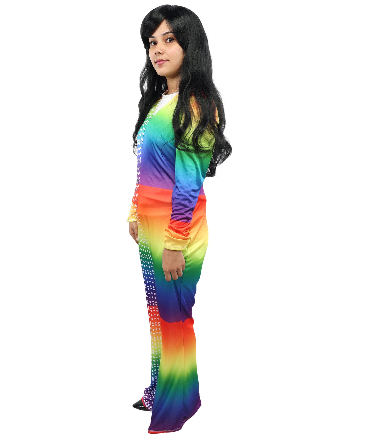 HPO Women’s Vivid Rainbow Disco Bodysuit – Multicolor Stretch Jumpsuit for Retro 70s, Funk, Festival & Dance Party Costumes | Long Sleeve Full Body Outfit with Flared Legs
