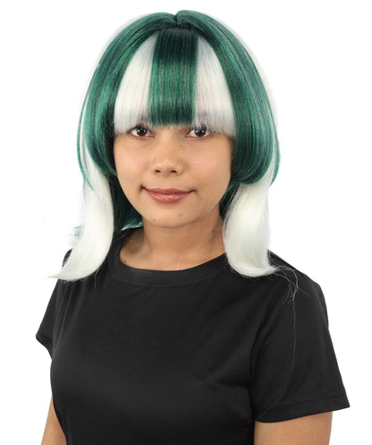 HPO Women's Geometric Character Wig | Deep emerald green with white accents, create of synthetic fiber, sleek straight bob with long framing strands, breathable base | Party, Halloween, theater, drag, performance, costume events