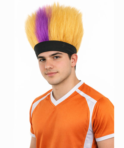 HPO Men's Purple and Golden Spiky Wig | Short Upright Mohawk Style Flame-retardant Synthetic Fiber Headband Design | Halloween Themed Party Dress Up Sports Fan Accessory