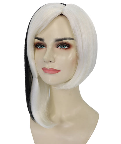 HPO Adult Women’s Glamour Diva White Wig with Black Streaks | Long Synthetic Costume Wig | Halloween Party Diva Look | Breathable Capless Fit, Soft Fiber