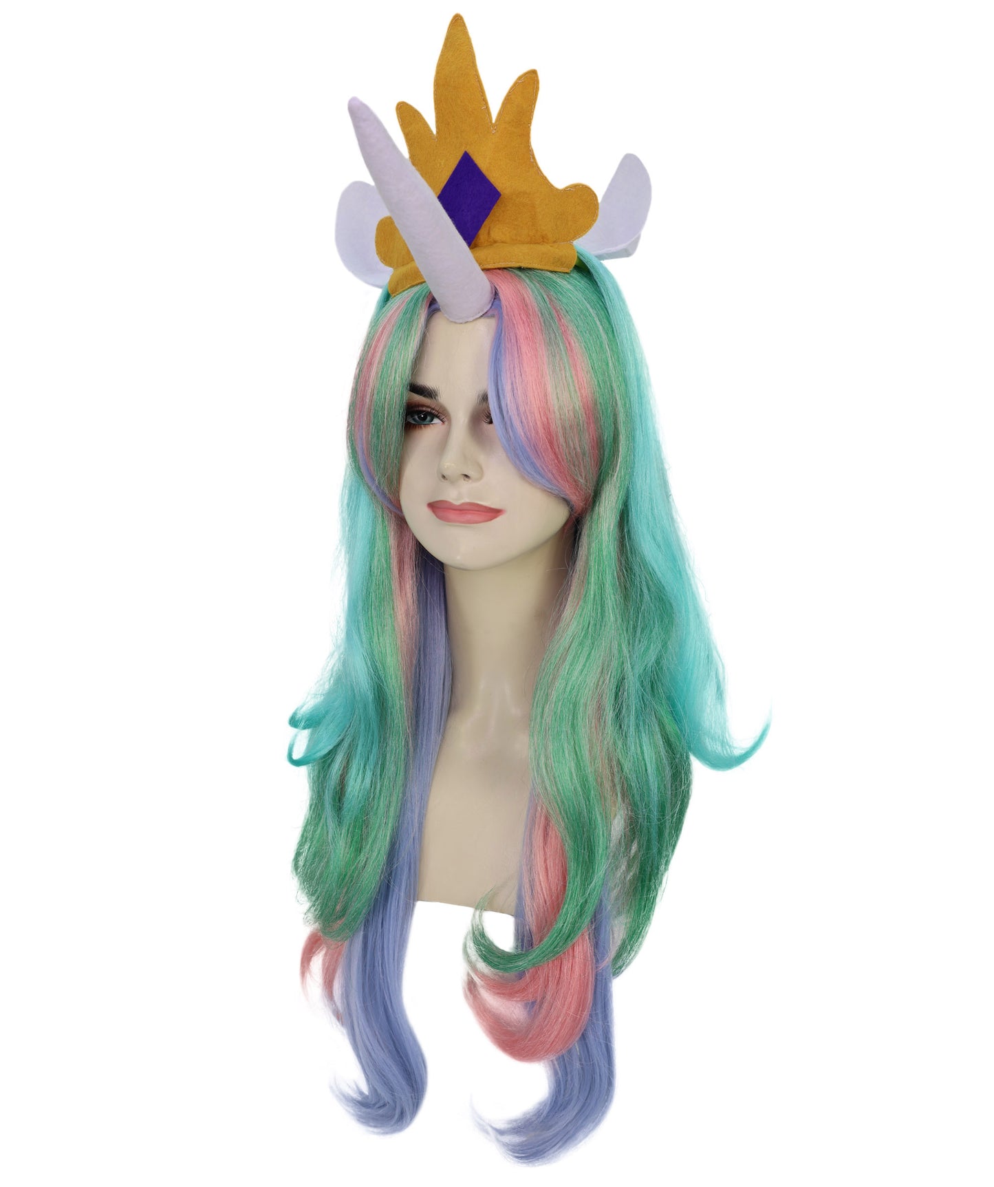 HPO Women’s Fantasy Unicorn-Inspired Long Pastel Rainbow Princess Wig with Horn and Crown | Halloween Wig | Flame-retardant Synthetic Fiber