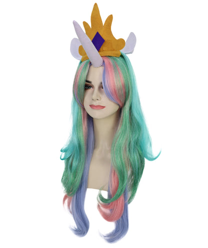 HPO Women’s Fantasy Unicorn-Inspired Long Pastel Rainbow Princess Wig with Horn and Crown | Halloween Wig | Flame-retardant Synthetic Fiber