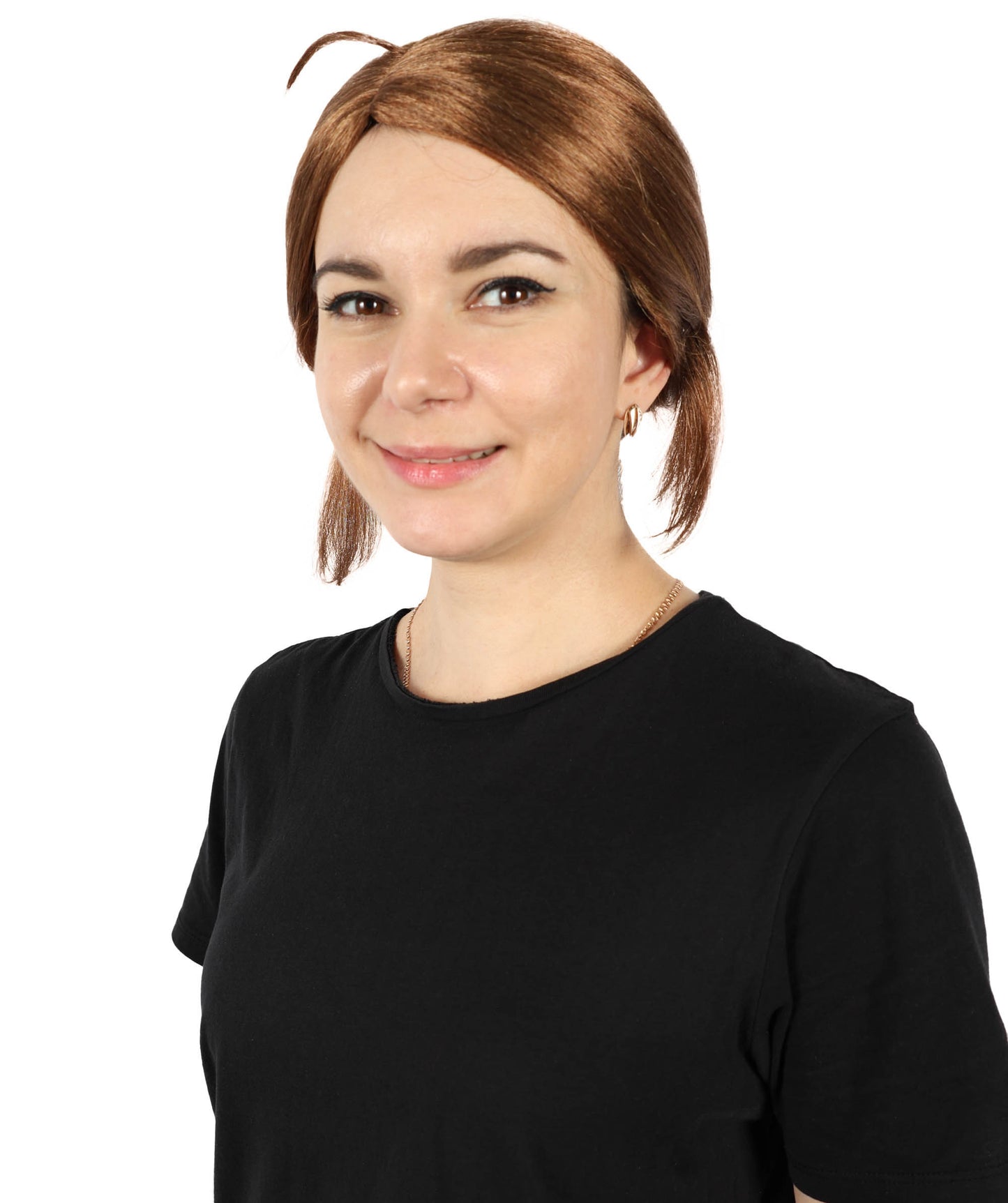 HPO Women’s Gaming Character Brown Low Bun Wig with Side Part | Synthetic Hairpiece | Ideal for Cosplay, Halloween, and Themed Events