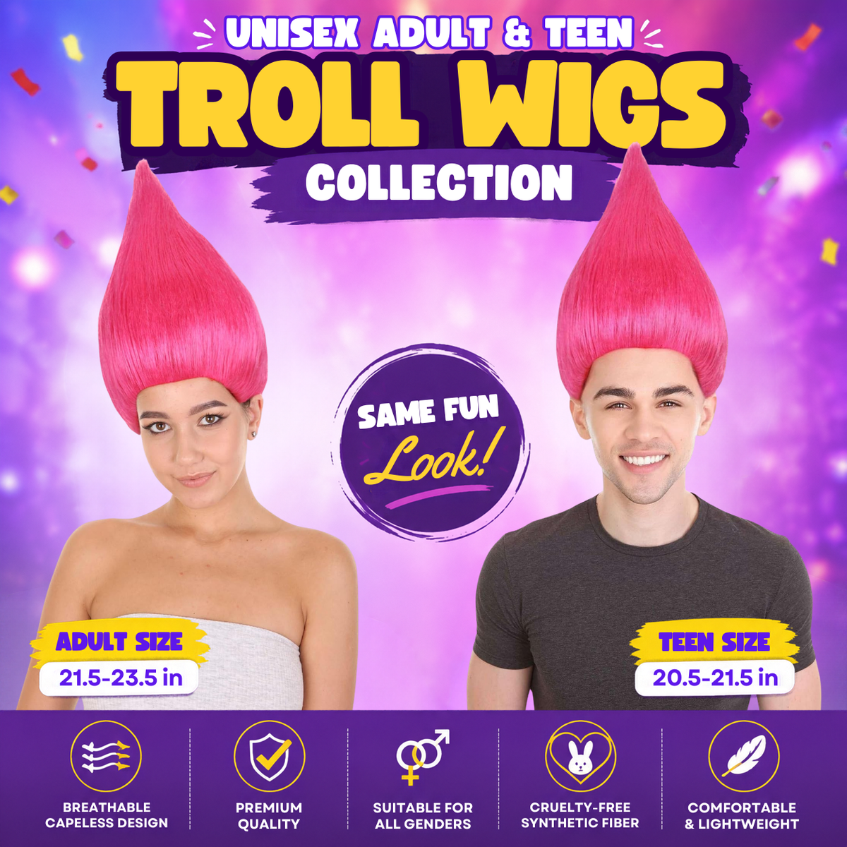 HPO Troll Neon Pink Wig Synthetic Costume Hairpiece Bundle Set for Adult & Teen - Tall Spiked Fantasy Upright Hairstyle With Bold Volume for Cosplay Events & Themed Dress-Up.