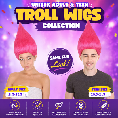 HPO Troll Neon Pink Wig Synthetic Costume Hairpiece Bundle Set for Adult & Teen - Tall Spiked Fantasy Upright Hairstyle With Bold Volume for Cosplay Events & Themed Dress-Up.