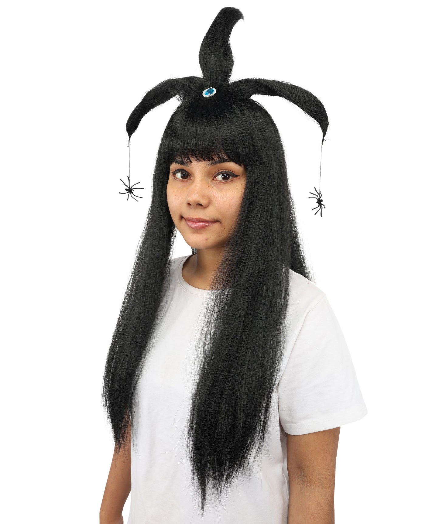HPO Women's Spider Gothic Sculpted Wig | Monochromatic midnight black, create of synthetic fiber, architectural spider-leg loops with blunt bangs, breathable base | Party, Halloween, theater, drag, performance, costume events