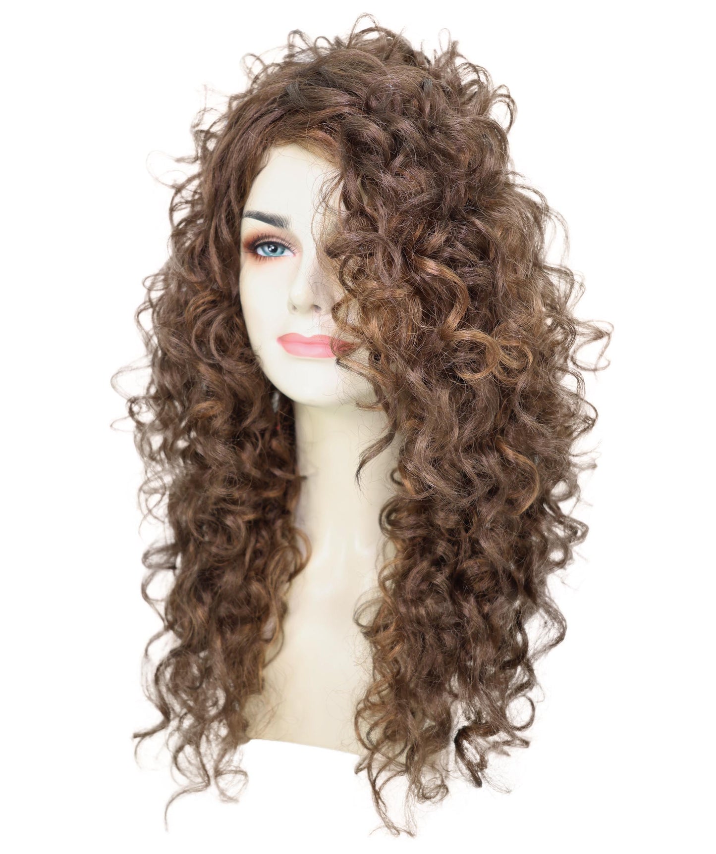 HPO Women’s Mariah 23-inch Long Voulomous Long Mahogany Brown Curly Wig | Halloween and Cosplay Wig | Flame-retardant Synthetic Fiber