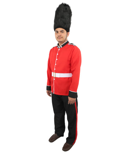 HPO Men’s Red Royal Guard Style Costume White Belt Black Pant & Cap– Palace Uniform Outfit with Gold Trim | Fancy Dress, Halloween Party & Cosplay Wear