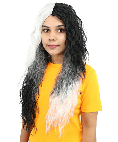 HPO Women’s Long Black and White Gothic Wig – 26 Inch Extra Long Wavy Two-Tone Hairpiece | Ideal for Halloween, Costume Parties & Themed Events