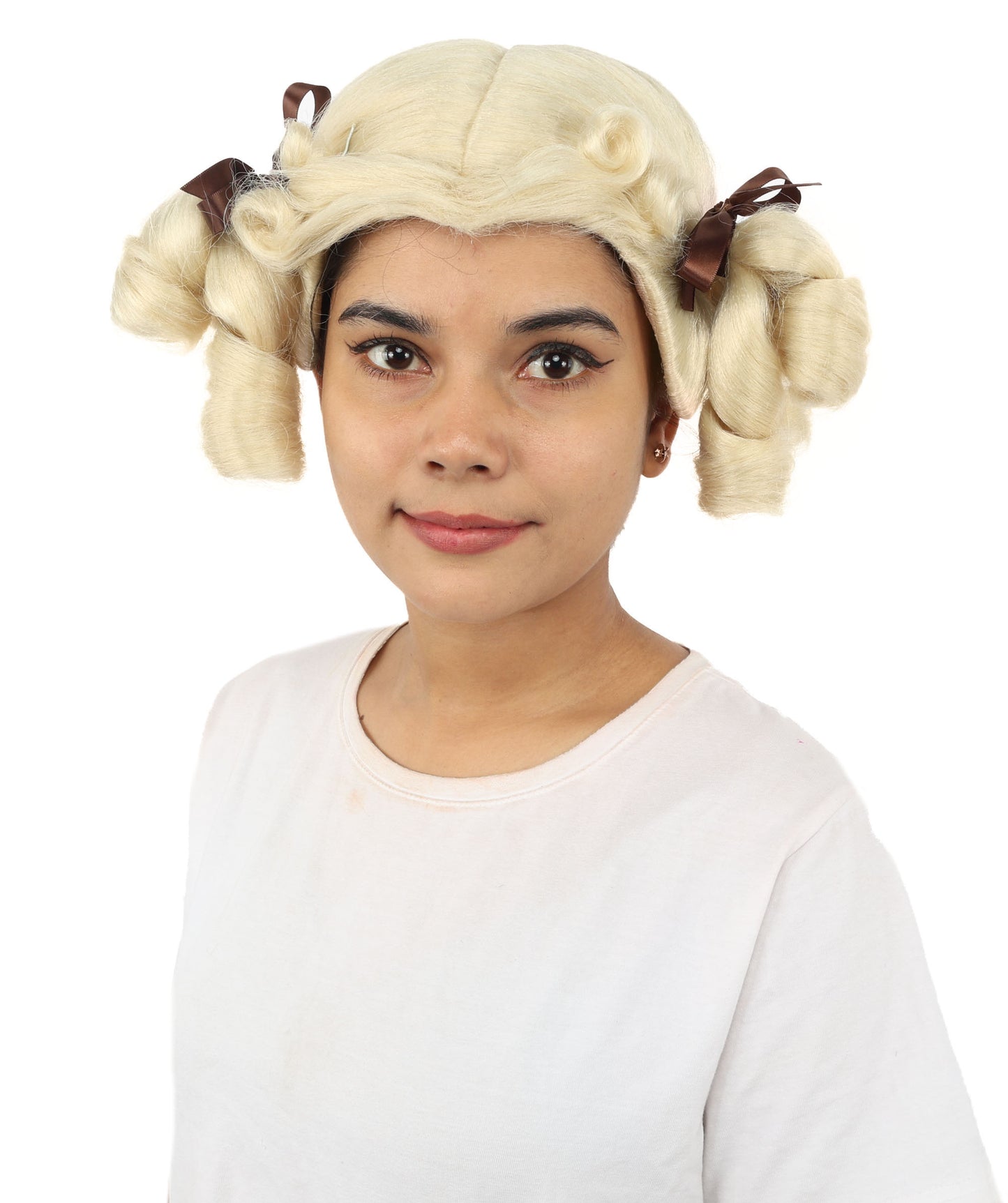 HPO Women's Golden White Mixed Curly Pigtail Wig | Messy Ringlet Twin Tails with Attached Fabric Ribbons, Synthetic Fiber & Breathable Cap | Halloween, Movie Character Roleplay, Costume Party & Theater