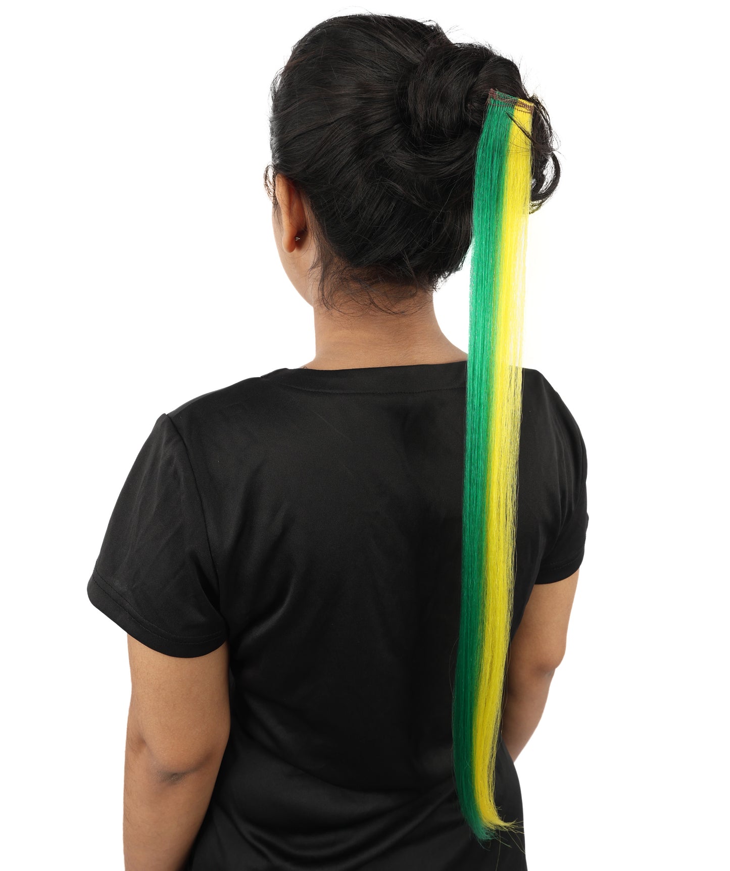 HPO Women's Brazilian Clip-in Hair Extension | Sleek straight green and yellow synthetic fibers featuring a secure snap attachment | Ideal for party, Halloween, cosplay, theater, drag, performance, costume events