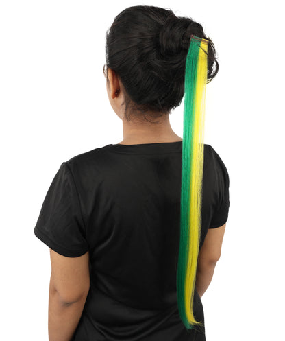 HPO Women's Brazilian Clip-in Hair Extension | Sleek straight green and yellow synthetic fibers featuring a secure snap attachment | Ideal for party, Halloween, cosplay, theater, drag, performance, costume events