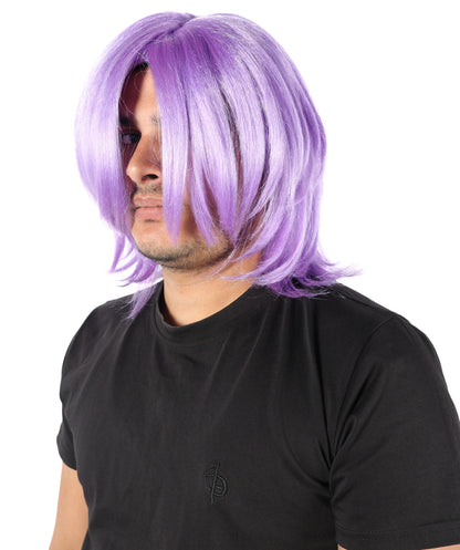 HPO Men's Short Anime Lilac Wig | Layered Synthetic Fiber Hairpiece with Adjustable Cap | Ideal for Anime Characters & Costume Events
