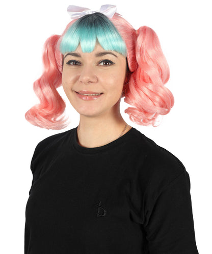 HPO Women's American Singer Pink & Mint Green Double Ponytail Wig | Halloween and Cosplay Wig | Flame-retardant Synthetic Fiber