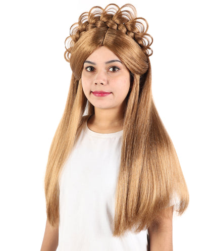 HPO Women’s Extra Long Brown Wig with Loop Crown Headpiece | 27 Inch Straight Synthetic Hair with Decorative Loops for Halloween and Cosplay | Capless Cap Design