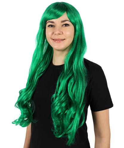 HPO Women's Red Long Wavy Desire Wig with Front Bangs | Halloween and Party Wig | Flame-retardant Synthetic Fiber  |  Premium Breathable Capless Cap