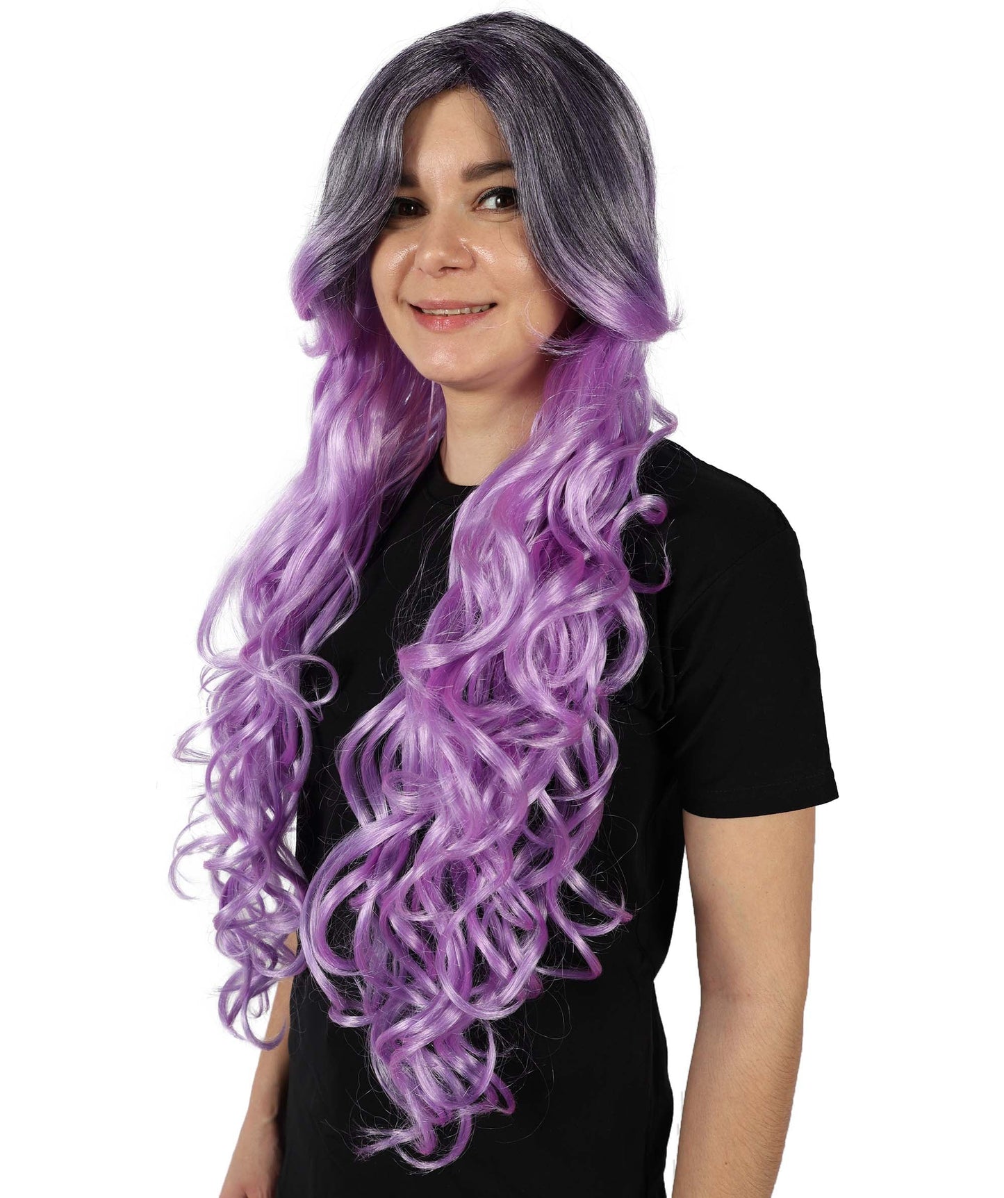 HPO Adult Women's Extra Long Curly Black & Purple Glamour Gothic Wig | Halloween and Cosplay Wig | Flame-retardant Synthetic Fiber |