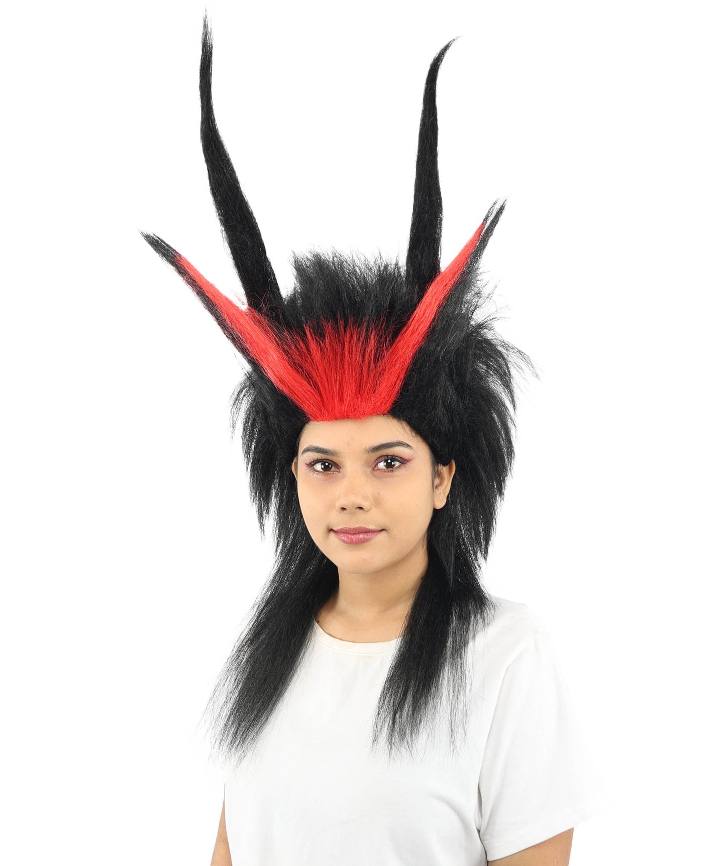Adult Women’s Black Spiked Horn Wig | Fantasy Hair with Red Accents | Ideal for Gothic Cosplay and Halloween Events