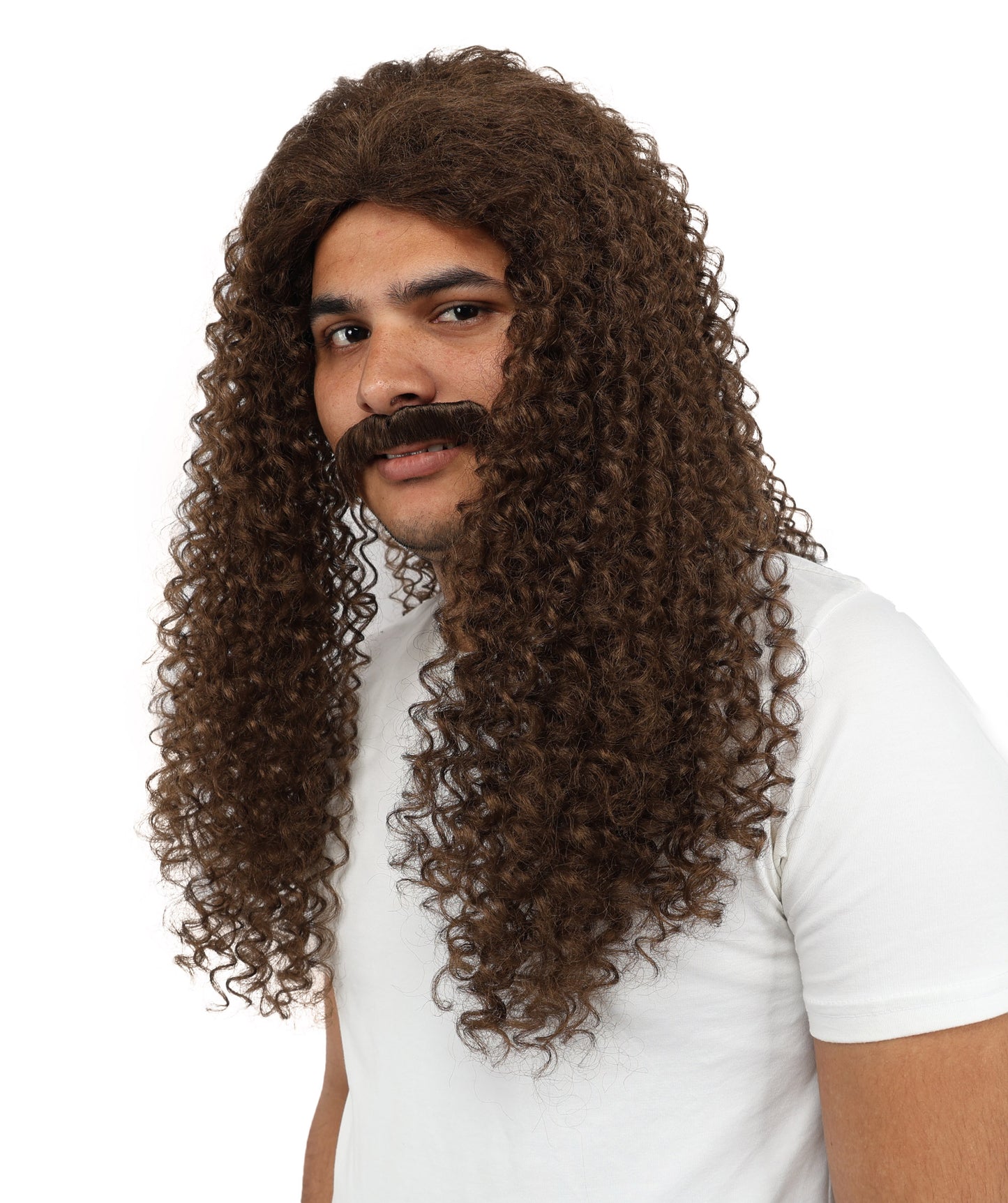 HPO Men's Long Curly Wig & Mustache Set for Men | Natural-Looking Brown Synthetic Hairpiece | Wig for Cosplay, Halloween & Stage Use