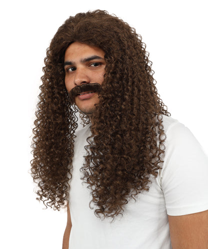HPO Men's Long Curly Wig & Mustache Set for Men | Natural-Looking Brown Synthetic Hairpiece | Wig for Cosplay, Halloween & Stage Use