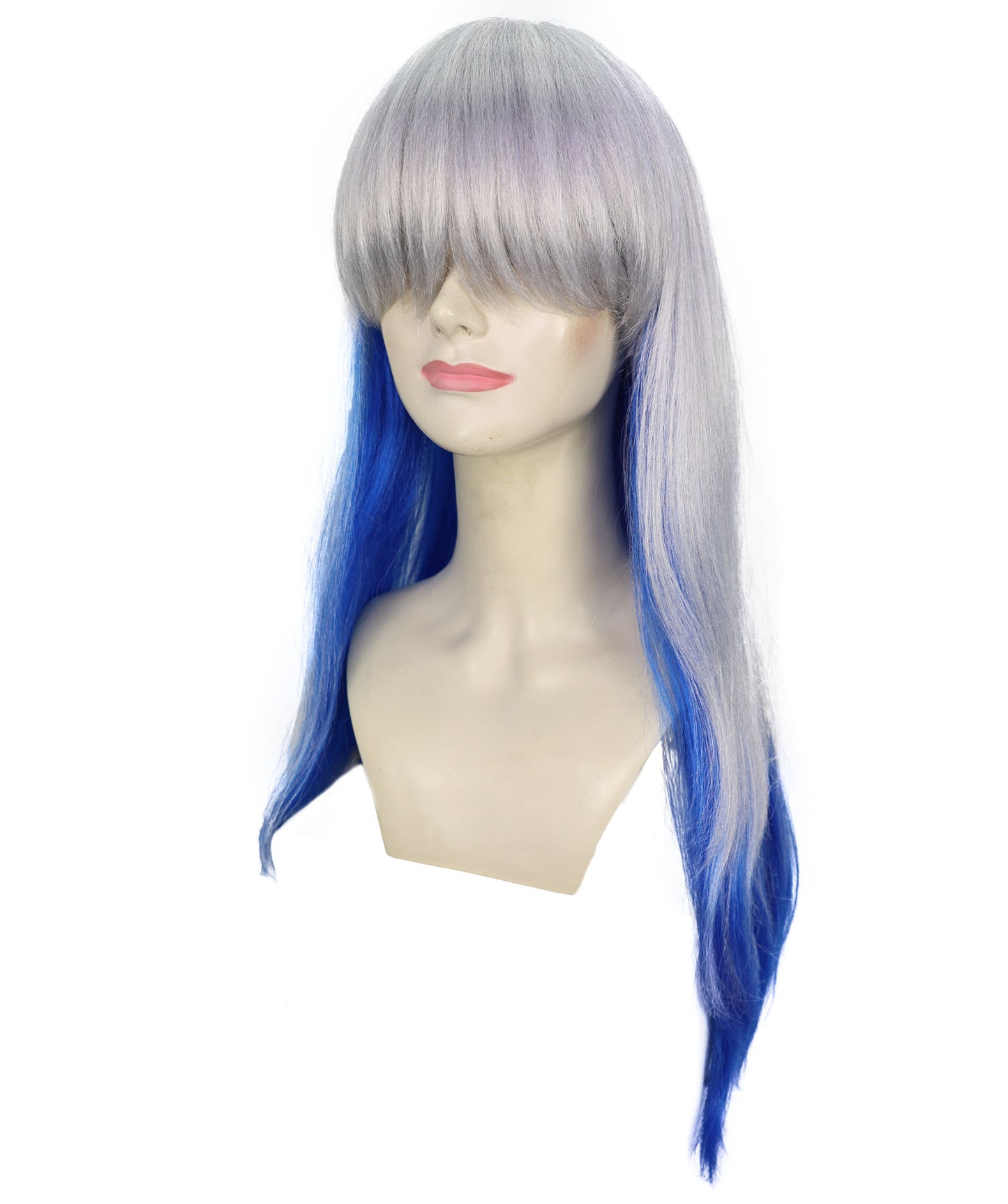 HPO Adult Women’s Long Wavy Silver and Blue Gradient Wig  | Flame-retardant Synthetic Fiber | Flipped Ends Wig for Halloween and Cosplay