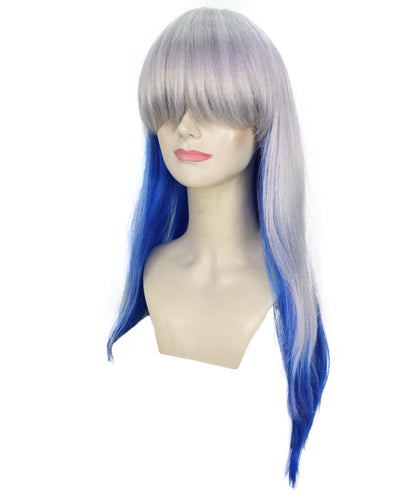 HPO Adult Women’s Long Wavy Silver and Blue Gradient Wig  | Flame-retardant Synthetic Fiber | Flipped Ends Wig for Halloween and Cosplay