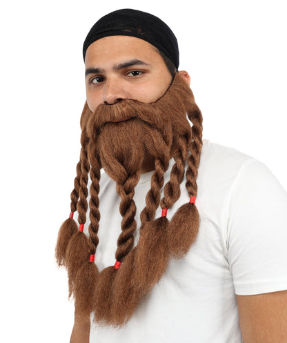 HPO Men's Warrior Beard &Mustache Accessory | Long Brown Synthetic Beard with Mustache Set | Medieval Fantasy Roleplay Look