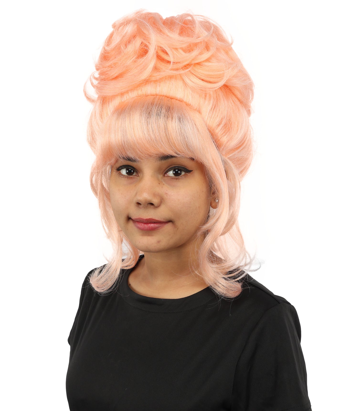 HPO Women's Elegant Updo Tendril Pink Wig | Pastel peach hue, create of synthetic fiber, high teased volume with face-framing strands, breathable capless cap | Party, Halloween, theater, drag, performance, costume events