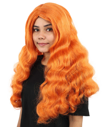 HPO Women's Long Orange Wavy Wig | Center Parted Ginger Curls with Voluminous Ends, Heat Resistant Synthetic Fiber & Breathable Cap | Halloween, Teen Roleplay, Theater, Themed Party & Costume Events