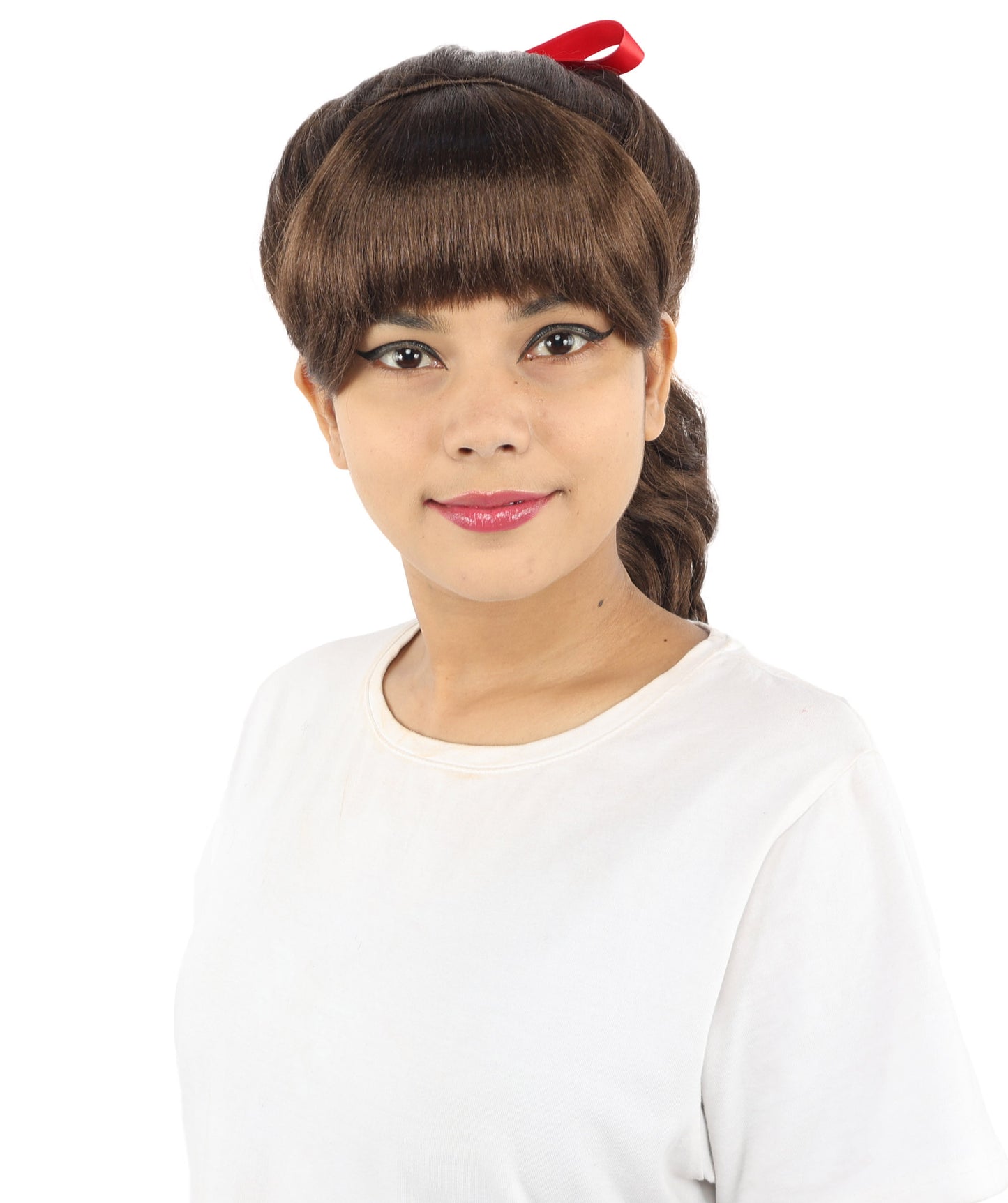 HPO Women's Spiral Ponytail Wig | Multicolor Options | High Updo with Red Ribbon Bow & Bangs, Heat Friendly Synthetic Fiber & Breathable Cap | Halloween, Christmas Event, Themed Party, Theater & Roleplay