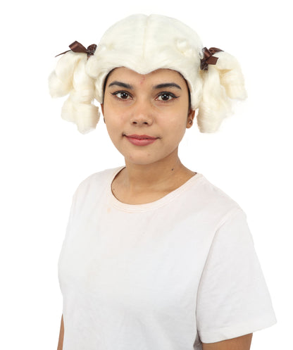HPO Women's Golden White Mixed Curly Pigtail Wig | Messy Ringlet Twin Tails with Attached Fabric Ribbons, Synthetic Fiber & Breathable Cap | Halloween, Movie Character Roleplay, Costume Party & Theater