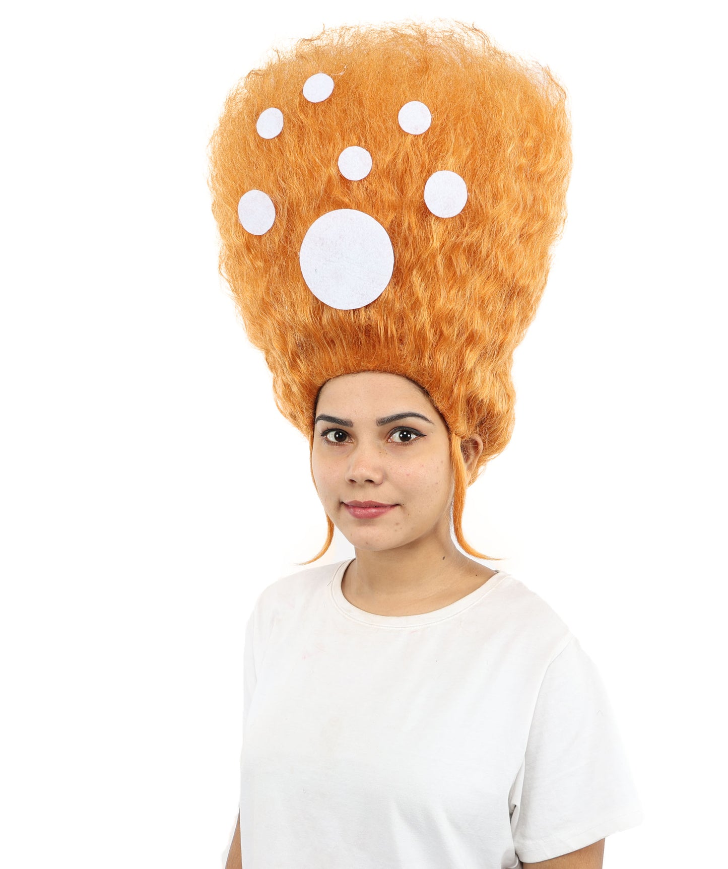 HPO Women’s 19-Inch Tall Orange Beehive Wig with White Dot Accents | Eye-Catching Retro Cartoon Style Hairpiece | Ideal for Fancy Dress, Halloween, Stage Shows, Cosplay & Costume Parties