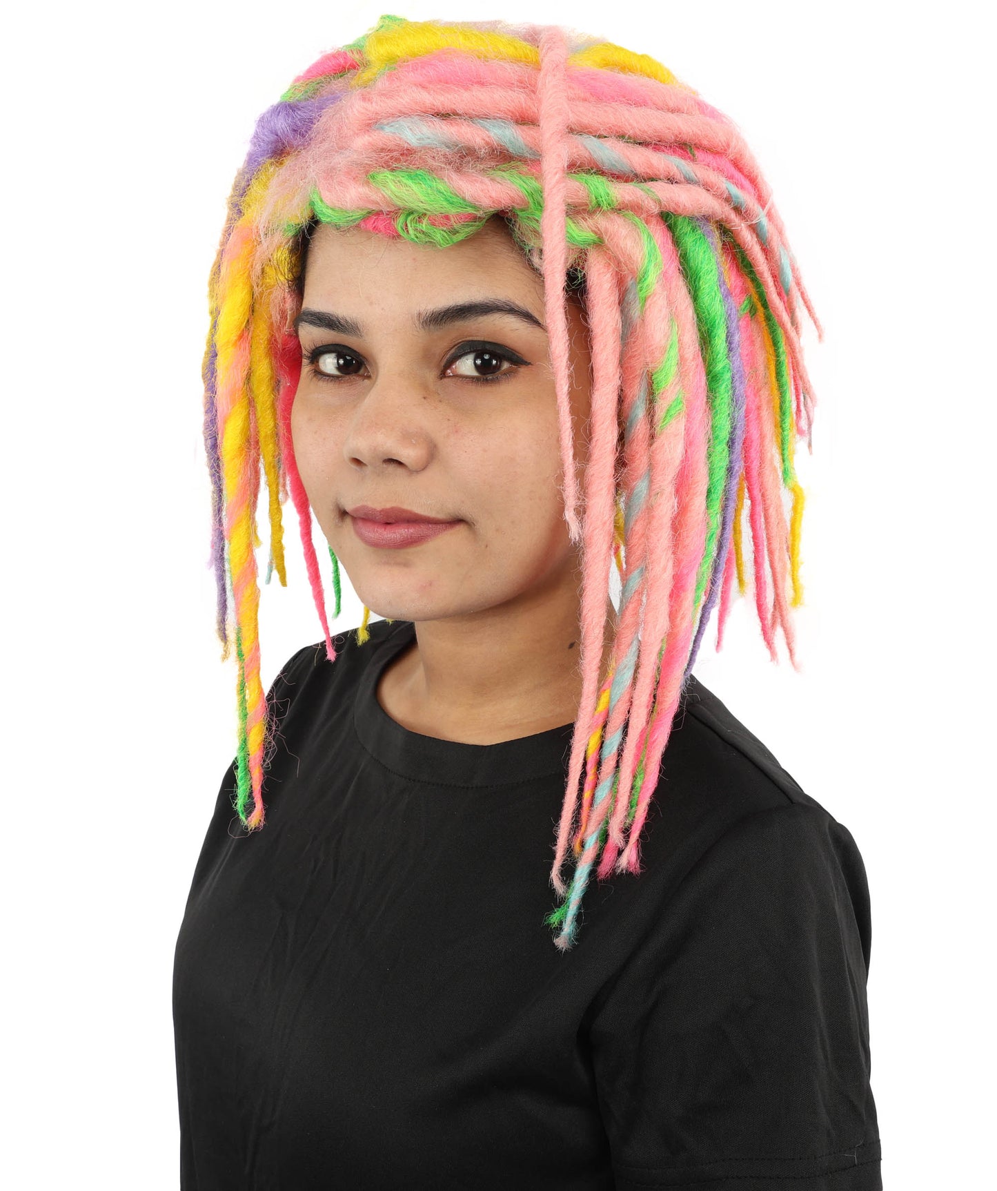 Women's Neon Cyber Goth Wool Dreadlock Wig | UV Reactive Multicolor Braids | Festival Rave Hairpiece, Halloween Costume and Club Wear Accessory