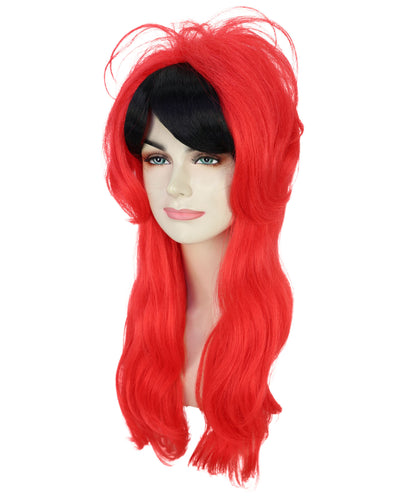 Women’s Punk Red & Black Wavy Long Wig | Edgy Rocker Style for Halloween Themed Parties| Breathable Cap
