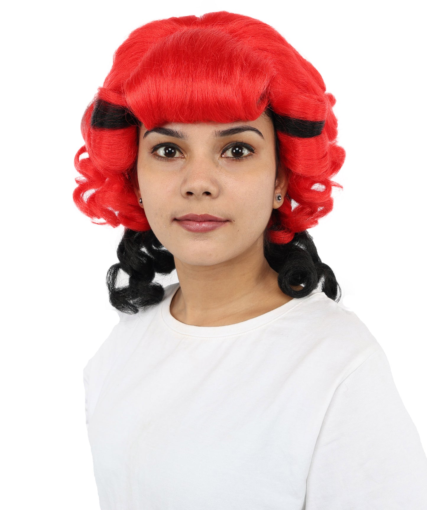 HPO Women's Short Curly Wig with Bangs | Red and Black Synthetic Hairpiece | Adjustable Inner Straps Cap | Lightweight Wig