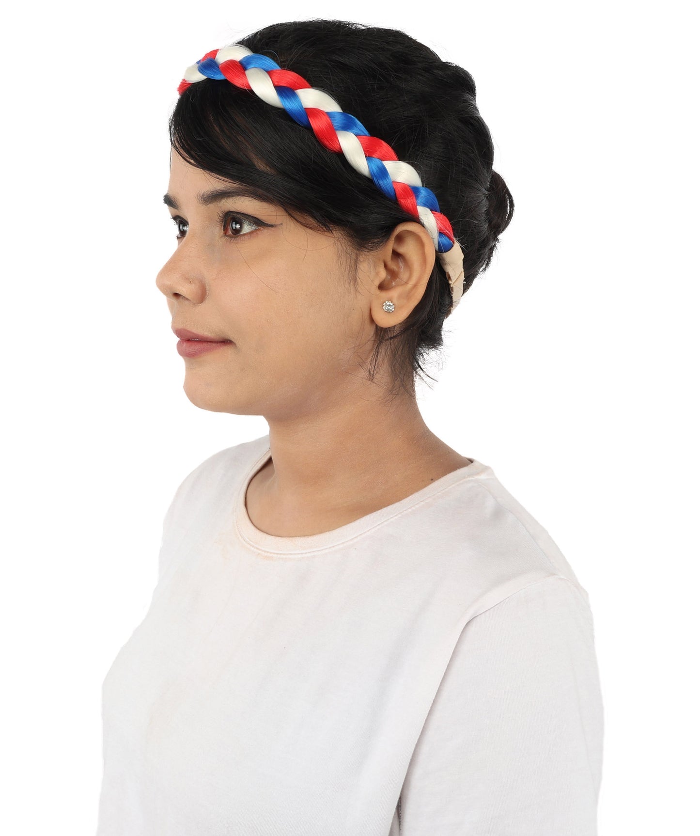 HPO Women's Multinational Braided Hairband | Textured red, white, and blue synthetic fibers woven into a twisted headband with elastic backing | Ideal for party, Halloween, cosplay, theater, drag, performance, costume events