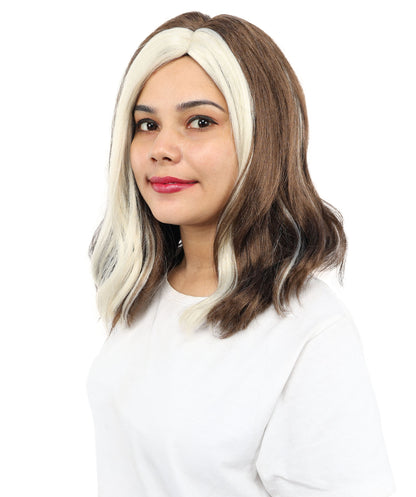HPO Women’s Brown and White Bang Wig Front Streak | Mid-Length Executive Style | Ideal for Costume Parties, Cosplay, & Halloween Performances