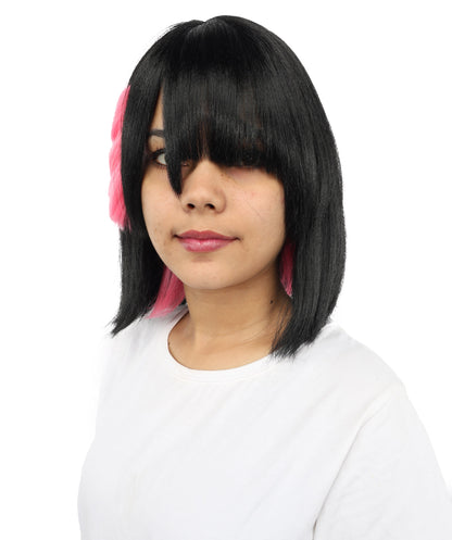 HPO Women's Medium Black & Soft Pink Anime Wig with Red Accents | Straight Cut Synthetic Hairpiece | Adjustable Cap for Halloween, Stage, Roleplay & Parties