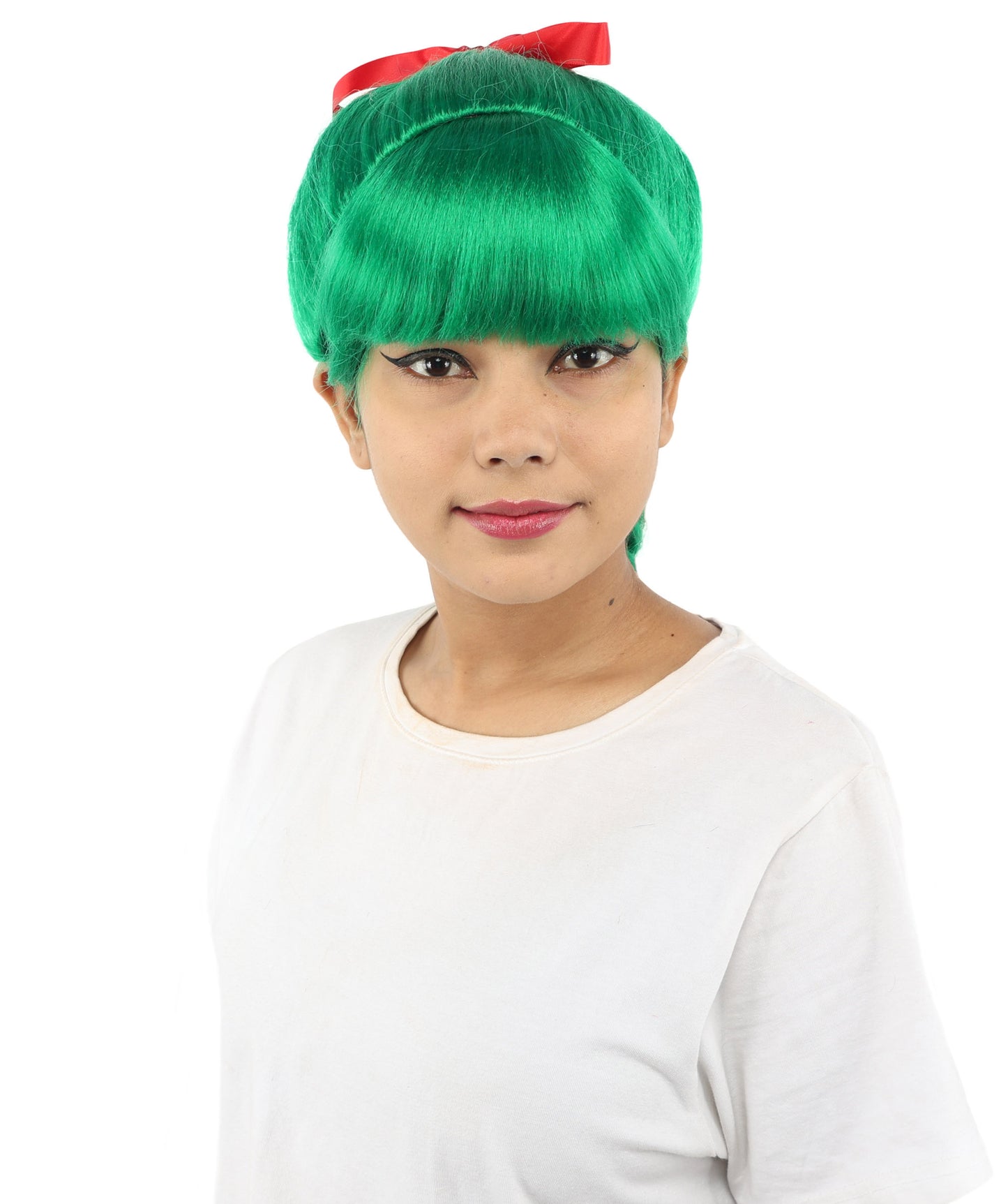 HPO Women's Spiral Ponytail Wig | Multicolor Options | High Updo with Red Ribbon Bow & Bangs, Heat Friendly Synthetic Fiber & Breathable Cap | Halloween, Christmas Event, Themed Party, Theater & Roleplay
