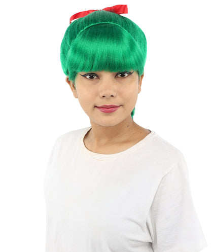 HPO Women's Spiral Ponytail Wig | Multicolor Options | High Updo with Red Ribbon Bow & Bangs, Heat Friendly Synthetic Fiber & Breathable Cap | Halloween, Christmas Event, Themed Party, Theater & Roleplay