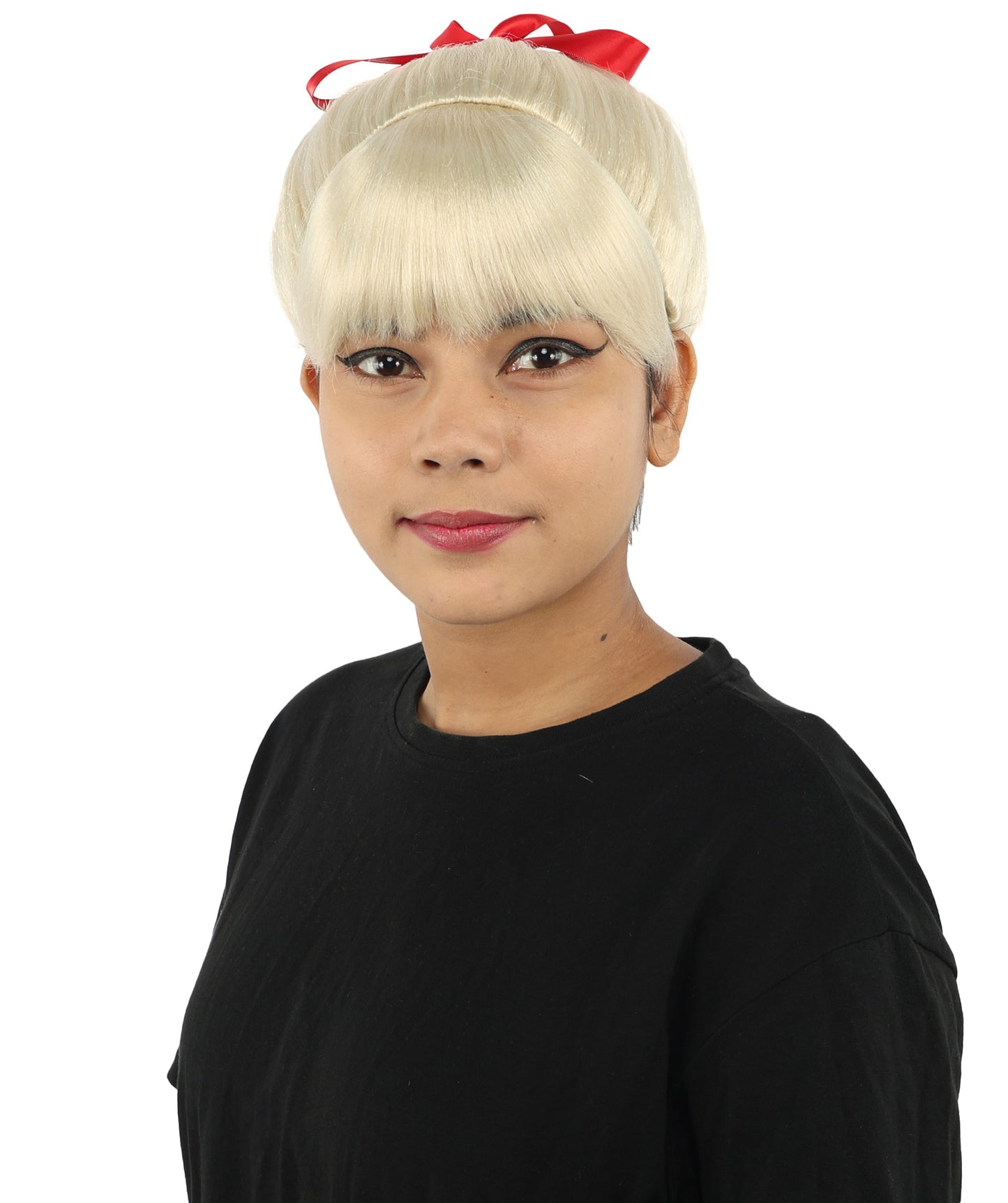 HPO Women's Spiral Ponytail Wig | Multicolor Options | High Updo with Red Ribbon Bow & Bangs, Heat Friendly Synthetic Fiber & Breathable Cap | Halloween, Christmas Event, Themed Party, Theater & Roleplay