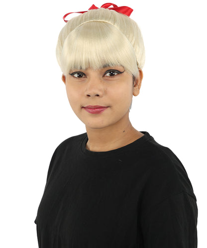 HPO Women's Spiral Ponytail Wig | Multicolor Options | High Updo with Red Ribbon Bow & Bangs, Heat Friendly Synthetic Fiber & Breathable Cap | Halloween, Christmas Event, Themed Party, Theater & Roleplay