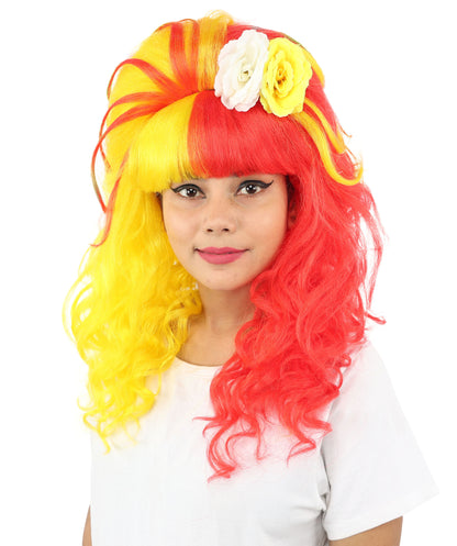 HPO Women's Split Style Glamour Red & Yellow Wig | Long curly synthetic fibers with big teased volume blunt bangs and capless base | Essential for theatrical stage drag performance costume events and party