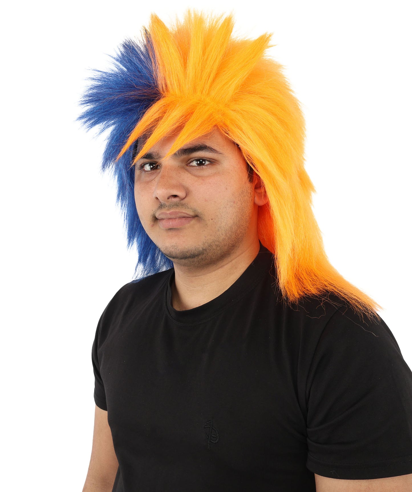 HPO Men's Navy Blue and Orange Sports Wig | Split Color Spiky Shag Style Flame-retardant Synthetic Fiber | Halloween Themed Party American Football Fan Gear