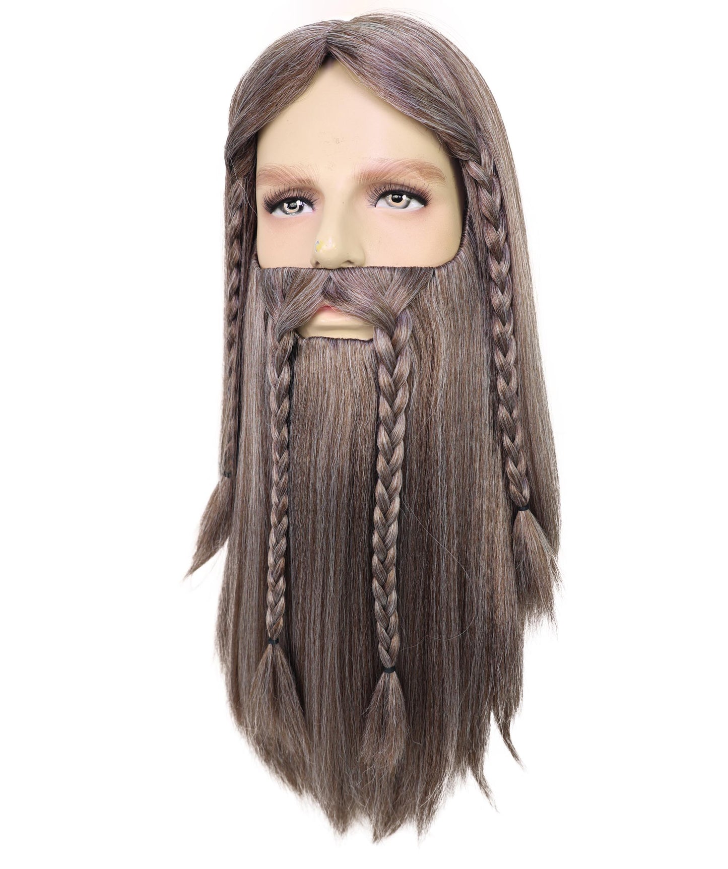 HPO Men’s Deluxe Long Wig & Beard Mustache Set | Ash Brown Braided Viking Style Costume Hair | Ideal for Halloween | Breathable Capless Cap